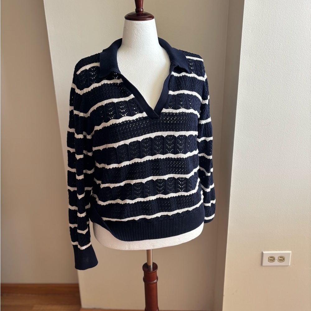 GAP | Crochet Collared V-Neck Ribbed Sweater Navy/White stripes | XL